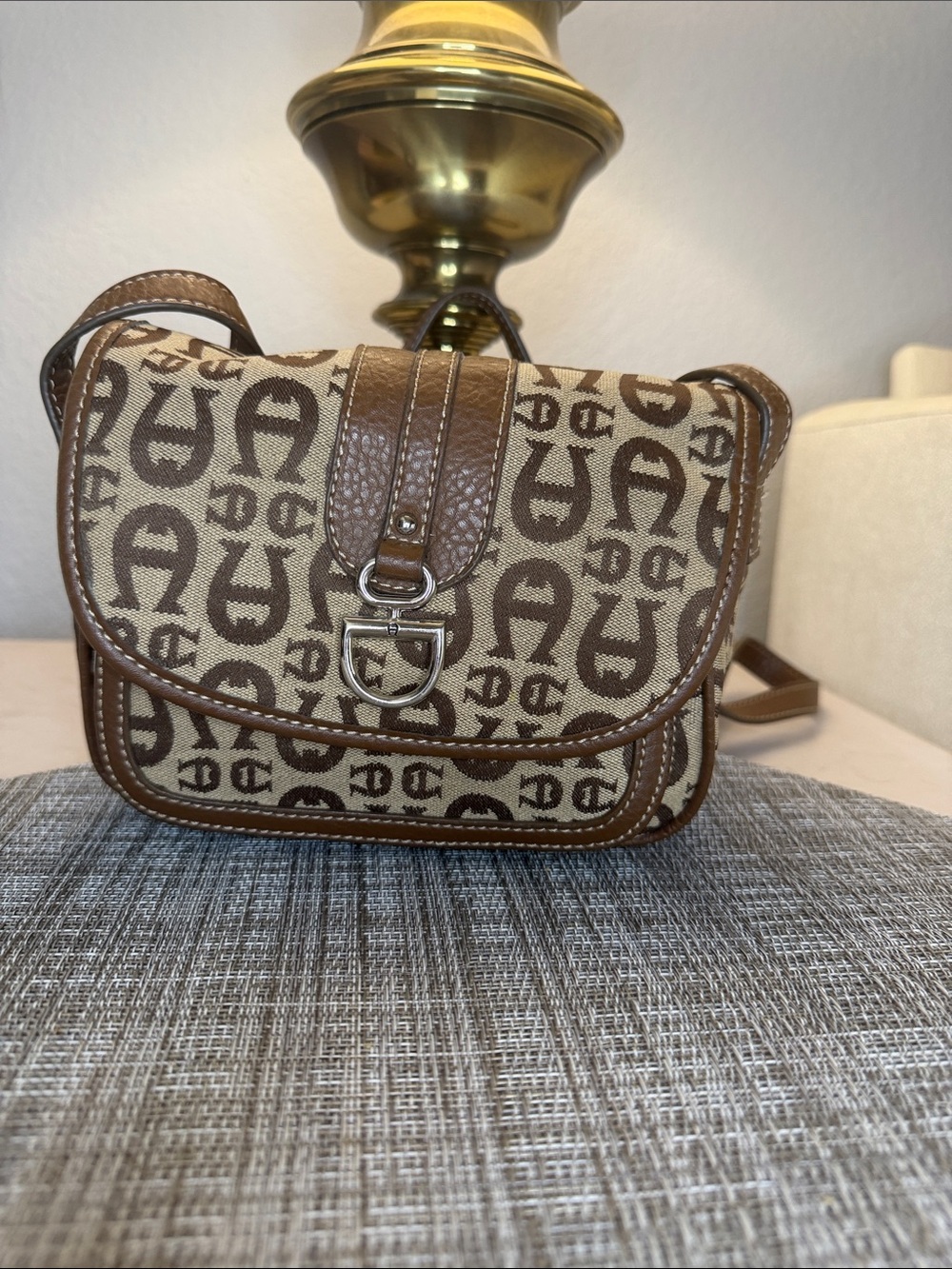 Etienne Aigner Brown Monogram Crossbody with Leather Trim